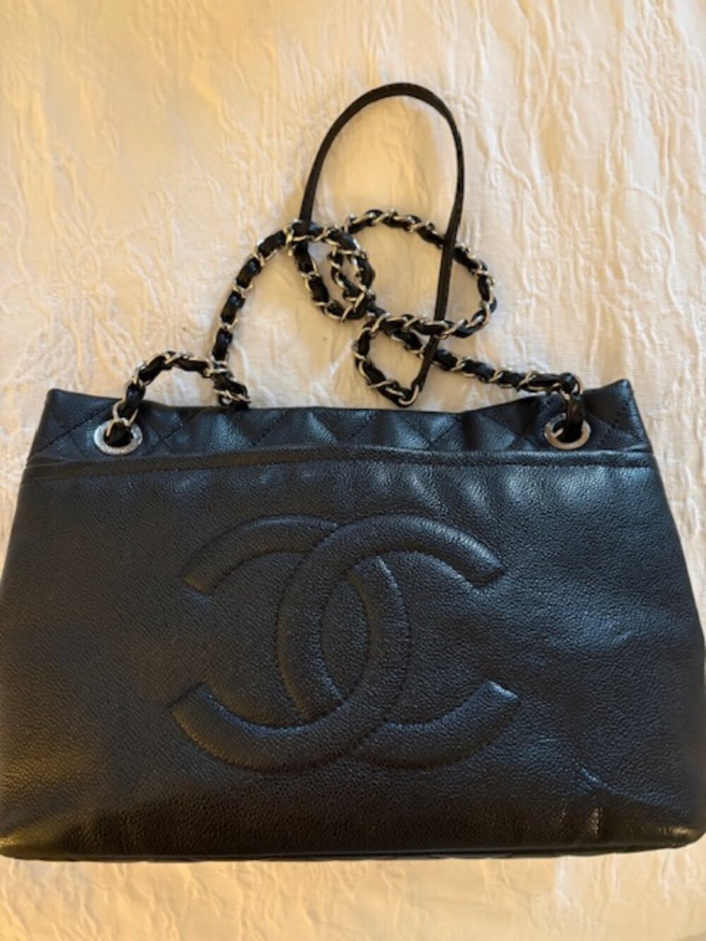 Chanel Black Lychee Leather Tote Bag with Chain Strap